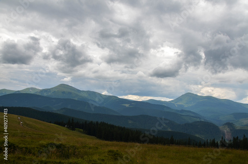 The green slope pasture with Chornohora mountain range in the background under clouds. Beautiful natural landscape in the summer time © Dmytro