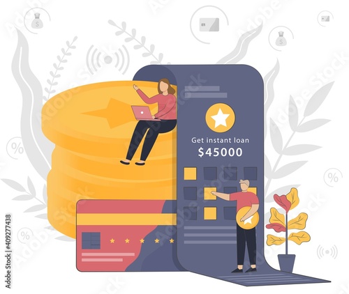 Instant loan vector illustration concept with people working. Online credit, tax payment concept, when tiny people filling get the bill.
