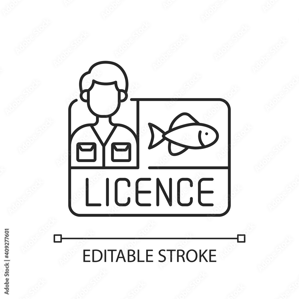 Fishing licence linear icon. Permission to catch fish. Ecological legislation. Fishing contest. Thin line customizable illustration. Contour symbol. Vector isolated outline drawing. Editable stroke Fishing licence linear icon. Permission to catch fish. Ecological legislation. Fishing contest. Thin line customizable illustration. Contour symbol. Vector isolated outline drawing. Editable stroke