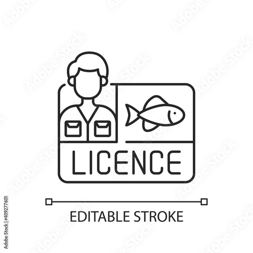 Fishing licence linear icon. Permission to catch fish. Ecological legislation. Fishing contest. Thin line customizable illustration. Contour symbol. Vector isolated outline drawing. Editable stroke