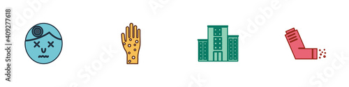 Set Man having headache, Hand with psoriasis or eczema, Medical hospital building and Inhaler icon. Vector.