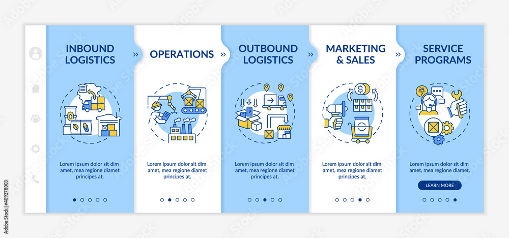 Value chain components onboarding vector template. Sales increase. Business process optimization. Responsive mobile website with icons. Webpage walkthrough step screens. RGB color concept