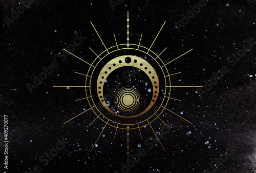 Wall Mural Golden illustration of celestial bodies on night starry sky