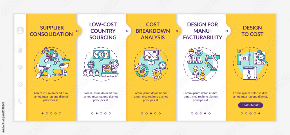 Cost reduction strategies onboarding vector template. Supplier consolidation. Design to cost. Responsive mobile website with icons. Webpage walkthrough 5 steps screens. RGB color concept