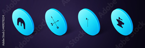 Set Isometric Anvil for blacksmithing hammer, Medieval halberd, crossed arrows and iron helmet icon. Vector.