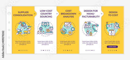 Cost reduction strategies onboarding vector template. Supplier consolidation. Design to cost. Responsive mobile website with icons. Webpage walkthrough 5 steps screens. RGB color concept