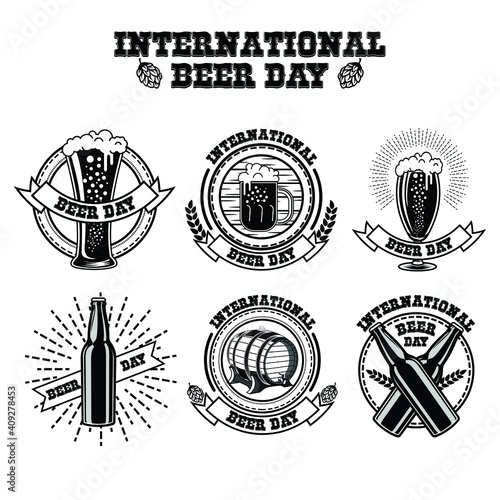 International Beer Day Vintage Elements and Logos, Vector Set