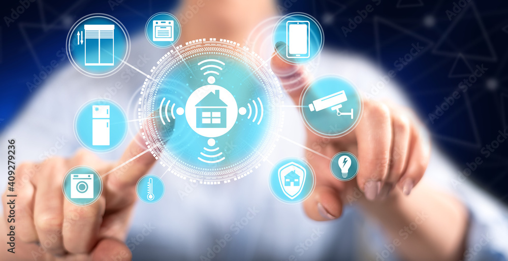 Woman touching a smart home concept Woman touching a smart home concept