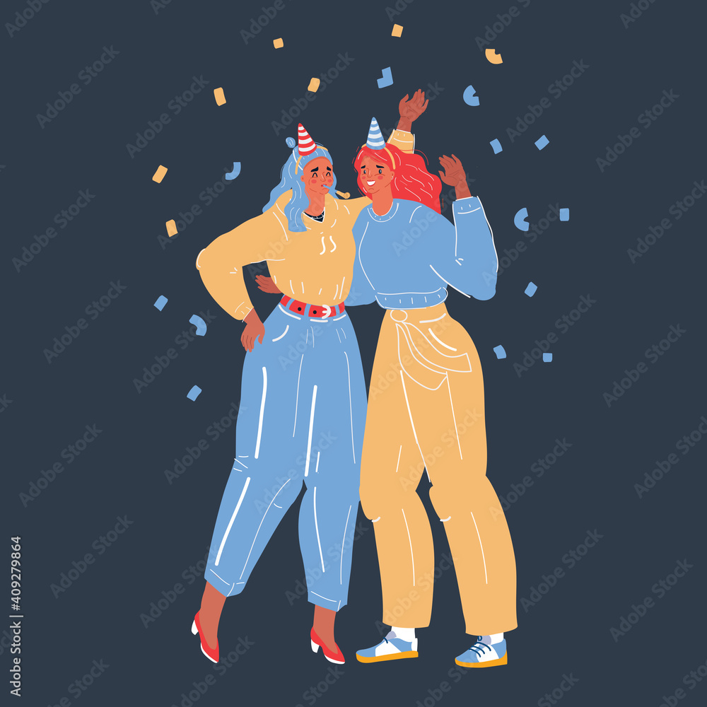 Vector illustration of two happy young women friends standind together and celebrate something on dark backround.