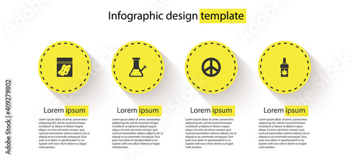 Set Plastic bag of cannabis, Glass bong for smoking, Peace and Marijuana olive oil. Business infographic template. Vector.