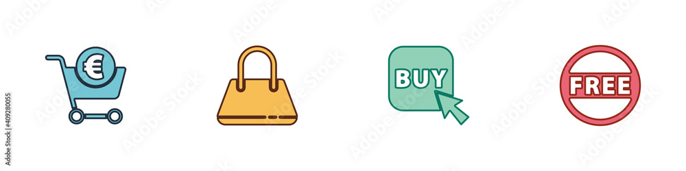 Set Shopping cart and euro, Handbag, Buy button and Price tag with Free icon. Vector. Set Shopping cart and euro, Handbag, Buy button and Price tag with Free icon. Vector.