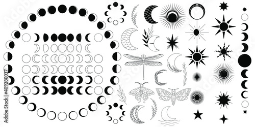 Big vector set of celestial ellements. Moon phases, stars and sun, butterfly, dragonfly, lunar and death head moth, plants. Moon phases for both Northern and South hemisphere. Isolated black icons.