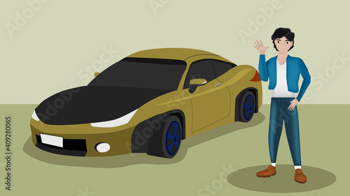 Young man stands to congratulate him on using a new sports car. Sport car with modify for race yellow color in shoroom. Backgrond yellow tone.