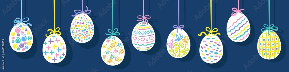 Happy Easter! Nine Easter eggs hanging on the colorful strings. Decorative poster, postcard or banner. Isolated on dark blue background. Vector flat illustration.