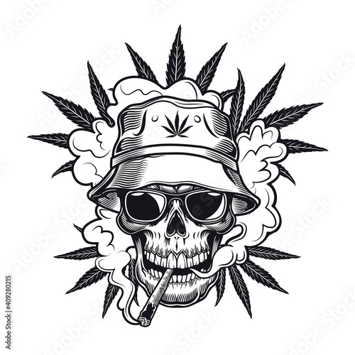 Weed smoker symbol design. Monochrome element with skull with joint in panama, cannabis leaves vector illustration with text on ribbon. Smoking marijuana concept for emblems and tattoo templates