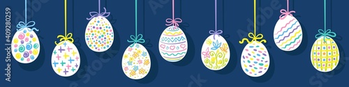 Happy Easter! Nine Easter eggs hanging on the colorful strings. Decorative poster, postcard or banner. Isolated on dark blue background. Vector flat illustration.