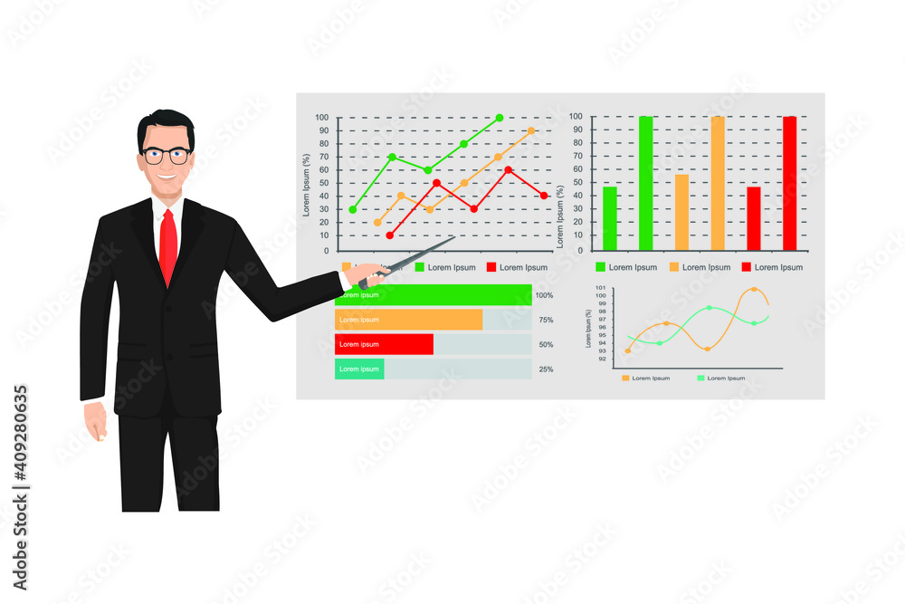 Man with pointer standing at the blackboard with graphs, and infographics.Vector illustration. Man with pointer standing at the blackboard with graphs, and infographics.Vector illustration.