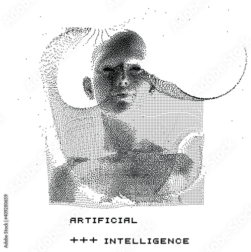 Human head made of the array of particles, pixelated and glitched portret of supreme artificial intelligence. Generative computer art.