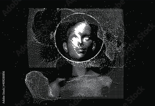 Human head made of the array of particles, pixelated and glitched portret of supreme artificial intelligence. Generative computer art.