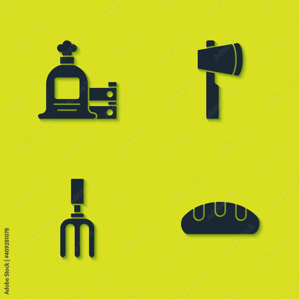 Set Full sack and wooden box, Bread loaf, Garden rake and Wooden axe icon. Vector.