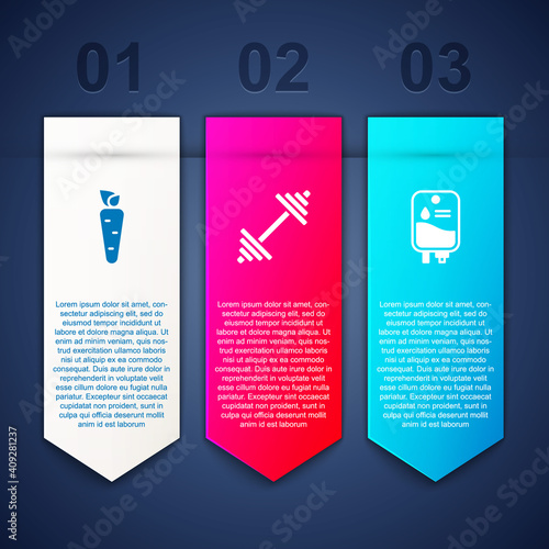 Set Carrot, Dumbbell and IV bag. Business infographic template. Vector.