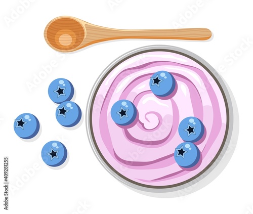 vector blueberry fruit yogurt in a bowl with blueberries and wooden spoon