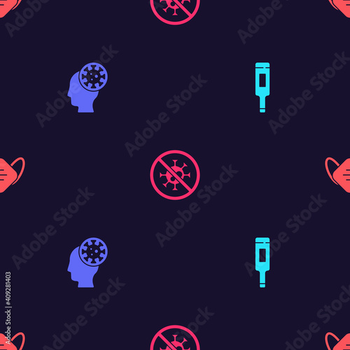 Set Medical thermometer, Human and virus, Stop and protective mask on seamless pattern. Vector.