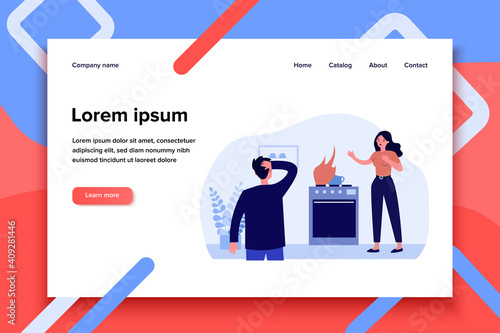 Gas leaking at home. People panicking about fire on cooktop flat vector illustration. Fire safety, fire hazard, emergency concept for banner, website design or landing web page