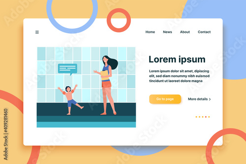 Boy talking to female trainer at swimming pool. Training, child, kid flat vector illustration. Sport, hobby, activity concept for banner, website design or landing web page