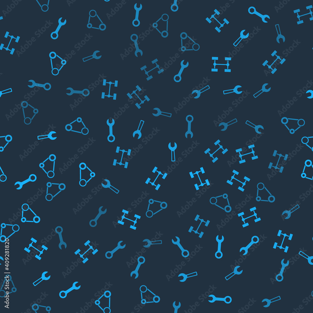 Set Wrench spanner, Chassis car, and Timing belt kit on seamless pattern. Vector. Set Wrench spanner, Chassis car, and Timing belt kit on seamless pattern. Vector.