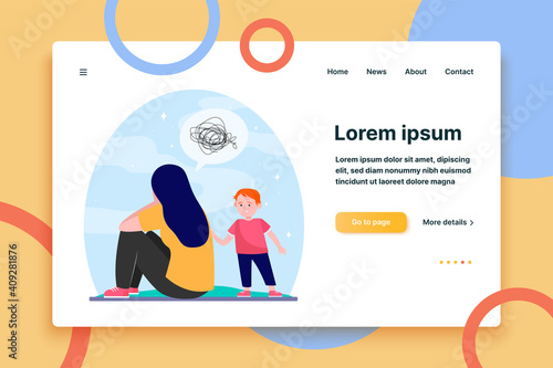 Depressed mother and little son. Upset boy talking to crying woman. flat vector illustration. Depression, motherhood, stress concept for banner, website design or landing web page