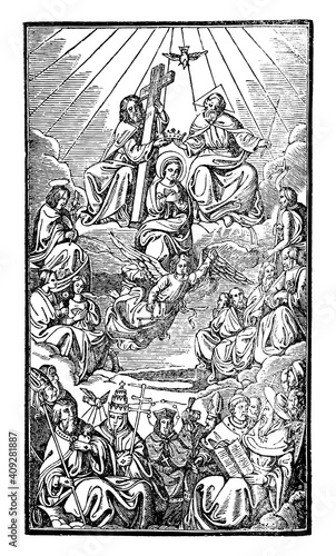 God or Lord and Jesus Christ sitting on throne above saints and clerics, popes, cardinals, bishops and priests. Antique vector vintage christian religious engraving or drawing illustration.