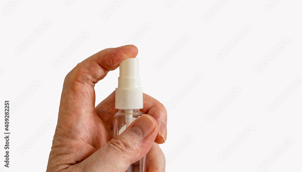 Covid -19 Pandemic Sanitizer hand spray bottle. Clear plastic pump container for liquids, cosmetics, soap shampoo isolated on white background . Covid -19 Pandemic Sanitizer hand spray bottle. Clear plastic pump container for liquids, cosmetics, soap shampoo isolated on white background .