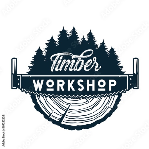 Carpentry logo. Slice of wood. Monochrome emblem of wooden stump and saw for handyman craftswork