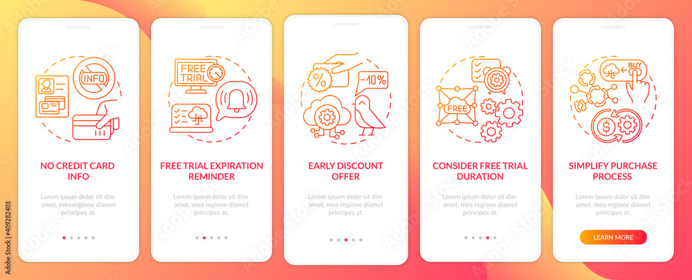 Free SaaS trial onboarding mobile app page screen with concepts. Purchase process, credit card information walkthrough 5 steps graphic instructions. UI vector template with RGB color illustrations