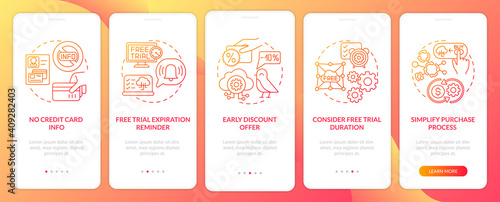 Free SaaS trial onboarding mobile app page screen with concepts. Purchase process, credit card information walkthrough 5 steps graphic instructions. UI vector template with RGB color illustrations