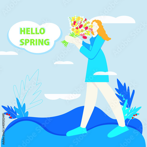 Hello spring banner. Girl adore spring flowers bouquet. Modern blue color illustration for web, for print, for postcard