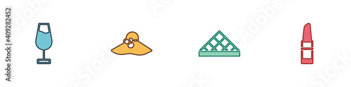 Set Wine glass, Elegant women hat, Louvre museum and Lipstick icon. Vector.