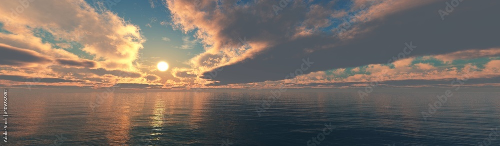 Beautiful sunset in the ocean, sea sunset, sunrise over the water, sun in clouds over the sea, 3D rendering