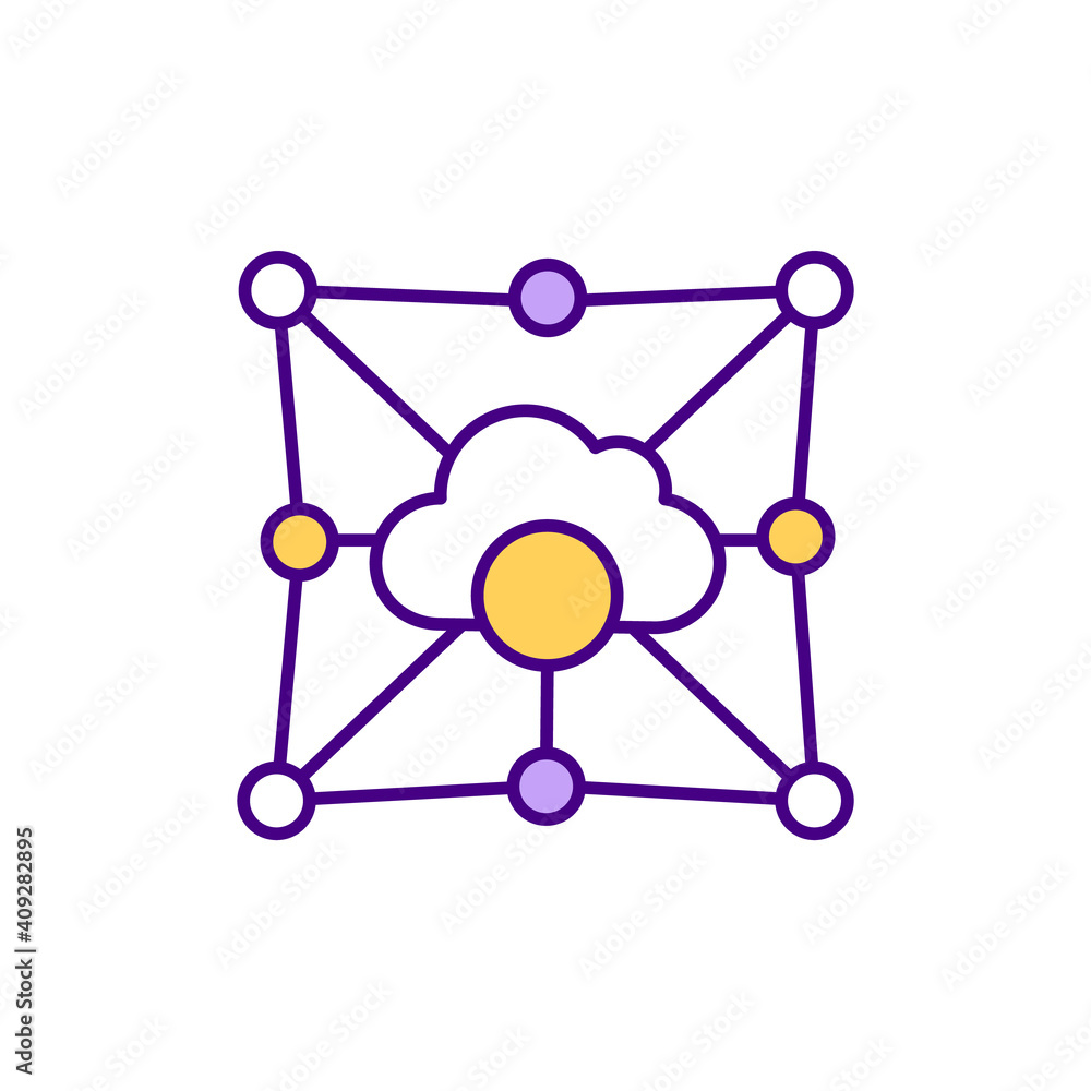 Multitenant cloud environment RGB color icon. Sharing computing resources in public, private cloud. Storing projects and data. Multiple customers sharing same application. Isolated vector illustration Multitenant cloud environment RGB color icon. Sharing computing resources in public, private cloud. Storing projects and data. Multiple customers sharing same application. Isolated vector illustration
