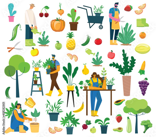 Vector set of village people with organic food, flowers and plants