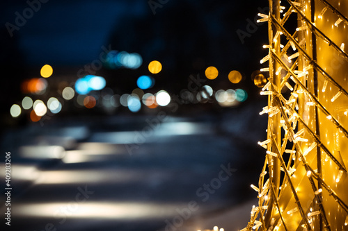 Christmas lights with city bokeh