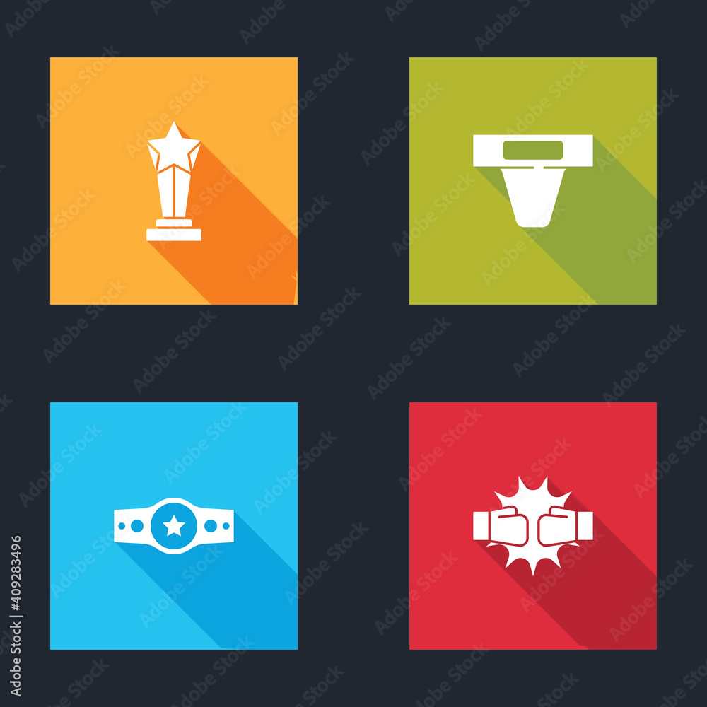 Set Award cup, Groin guard, Boxing belt and Punch boxing gloves icon. Vector. Set Award cup, Groin guard, Boxing belt and Punch boxing gloves icon. Vector.