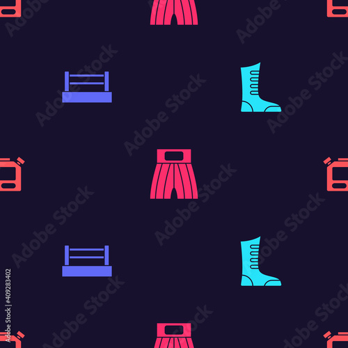 Set Sport boxing shoes, Boxing ring, short and Stopwatch on seamless pattern. Vector.