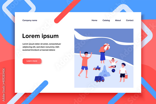 Happy children playing on sea beach. Ball, sand castle, boy flat vector illustration. Summer vacation and childhood concept for banner, website design or landing web page