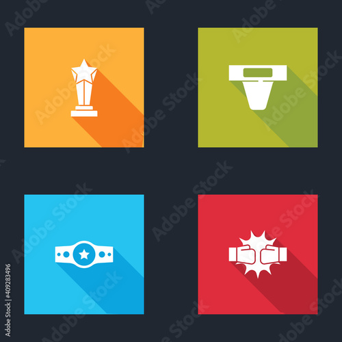 Set Award cup, Groin guard, Boxing belt and Punch boxing gloves icon. Vector.