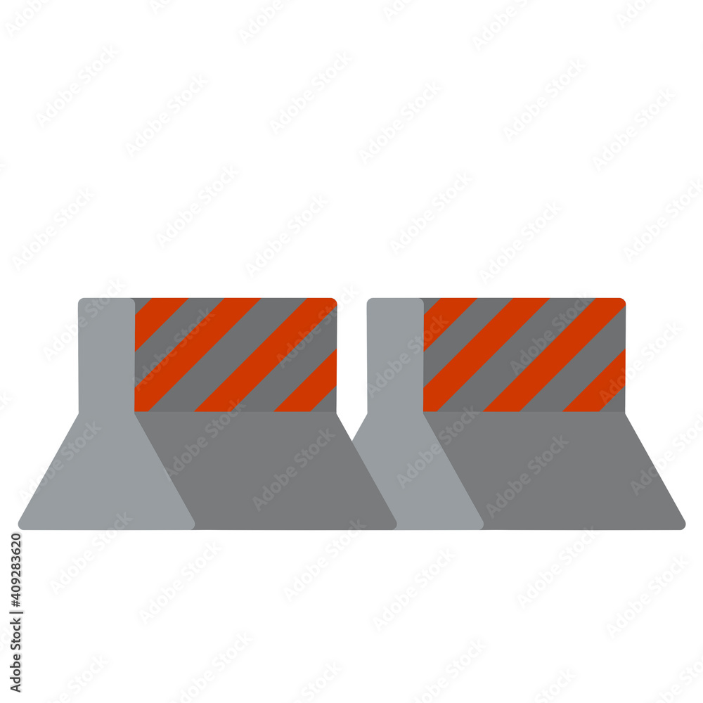 Road block. Highway fencing. Stone heavy object. Adjustment of traffic. Grey fence with red stripes.