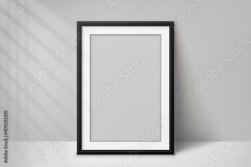 Mockup poster with shadow blinds from window. Mock up sheet paper. White empty blank. Vertical mockup. Light from window. Realistic reflected shadow on wall. Overlay effect. Shade jalousie. Vector