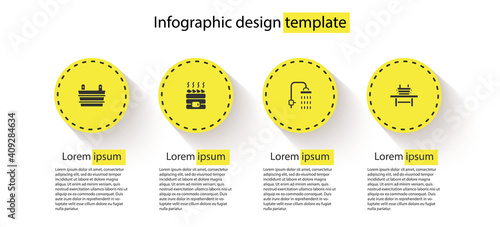 Set Sauna bucket, Hot sauna stones, Shower and bench with. Business infographic template. Vector.