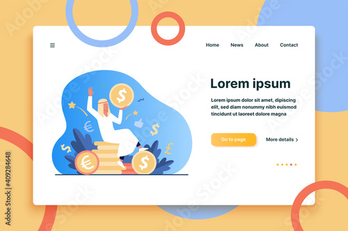 Arabian man sitting on pile of gold coins. Dollar, cash, money flat vector illustration. Finance and wealth concept for banner, website design or landing web page